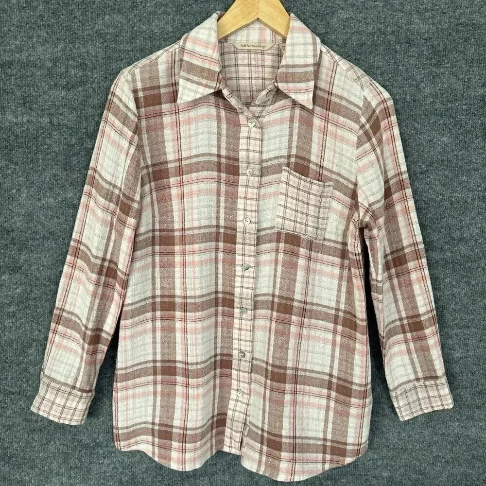 Soft Surroundings Shirt Womens PS Pink Plaid Gauze Lagenlook Breezy Travel Top